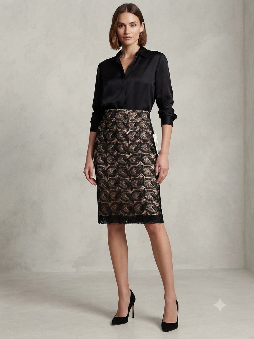 NWT Antonio Melani Lace Midi Pencil Skirt, Bertie, Black over Nude, Size 6